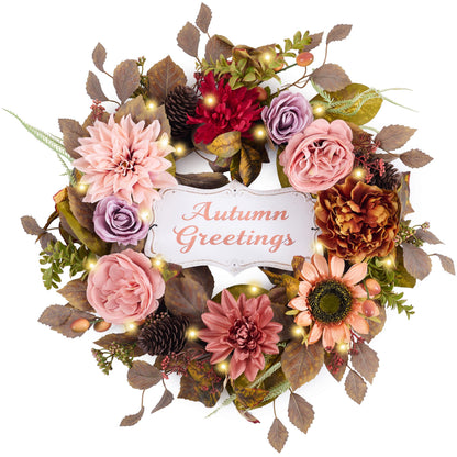 Valery Madelyn 24'' Collapsible Pre-Lit Flowers Fall Wreath for Front Door