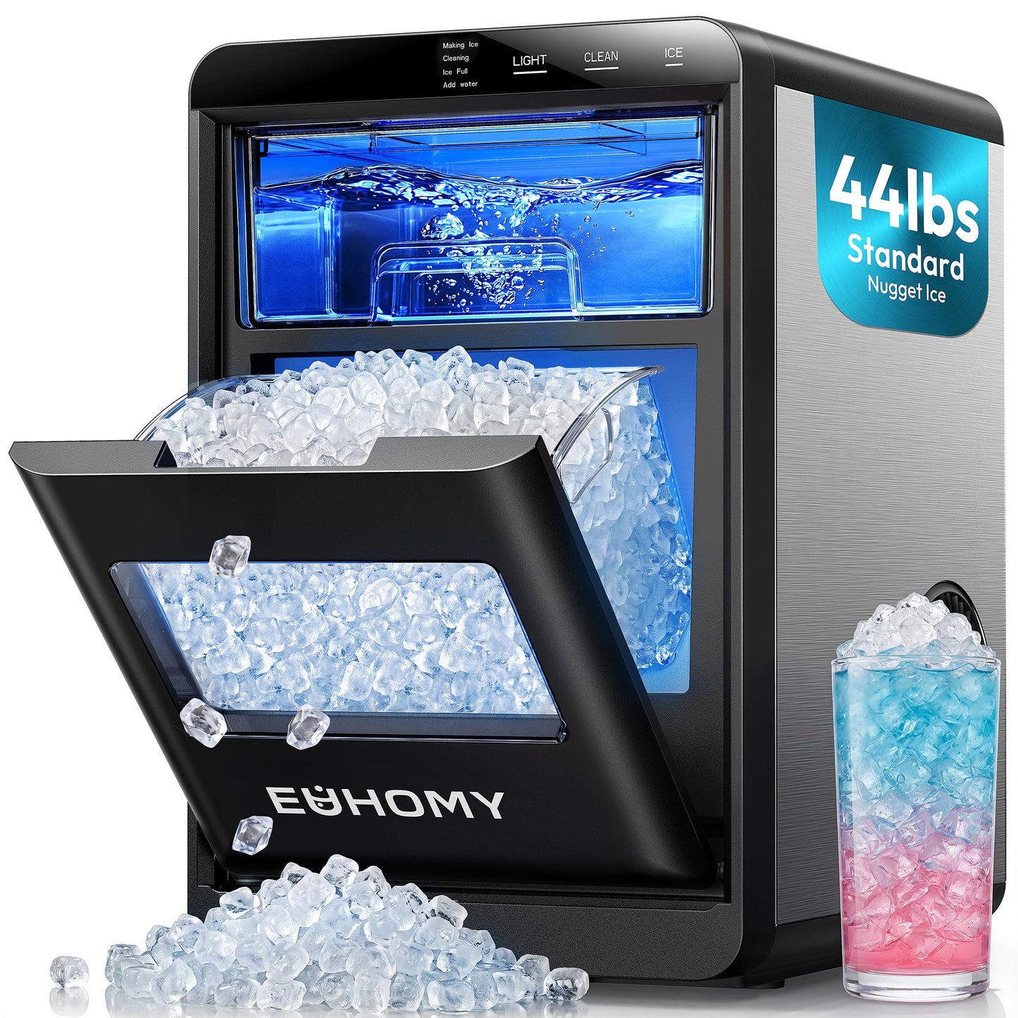 EUHOMY Nugget Ice Maker Countertop, 44Lbs/24H Sonic Ice Maker Machine, Self-Cleaning Pellet Ice Makers with Ice Scoop&Basket, Countertop Pebble Ice Maker for Home/Kitchen/Office