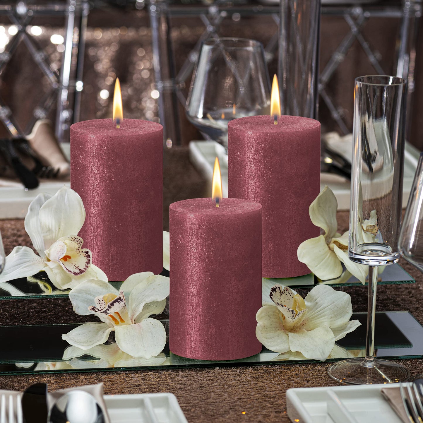 BOLSIUS Red Shimmer Metallic Pillar Candles 4 Pack - 2.75 X 5 Inches - Premium European Quality - Includes Natural Plant-Based Wax - Unscented Dripless Smokeless 60 Hour Party and Wedding Candles