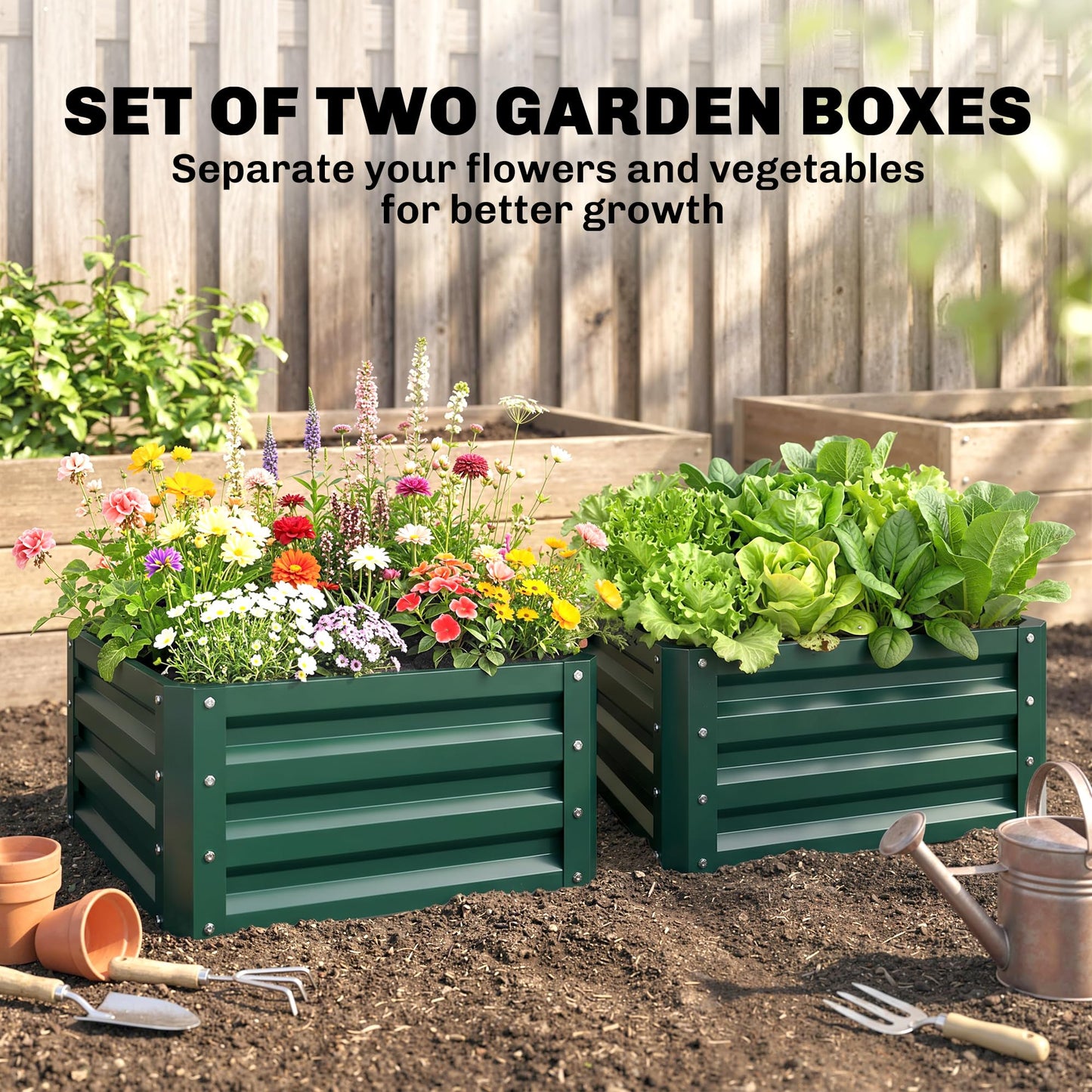 Outsunny 2 Piece Galvanized Raised Garden Bed, 2' x 2' x 1' Metal Planter Box for Growing Vegetables, Flowers, Herbs, Succulents, Green
