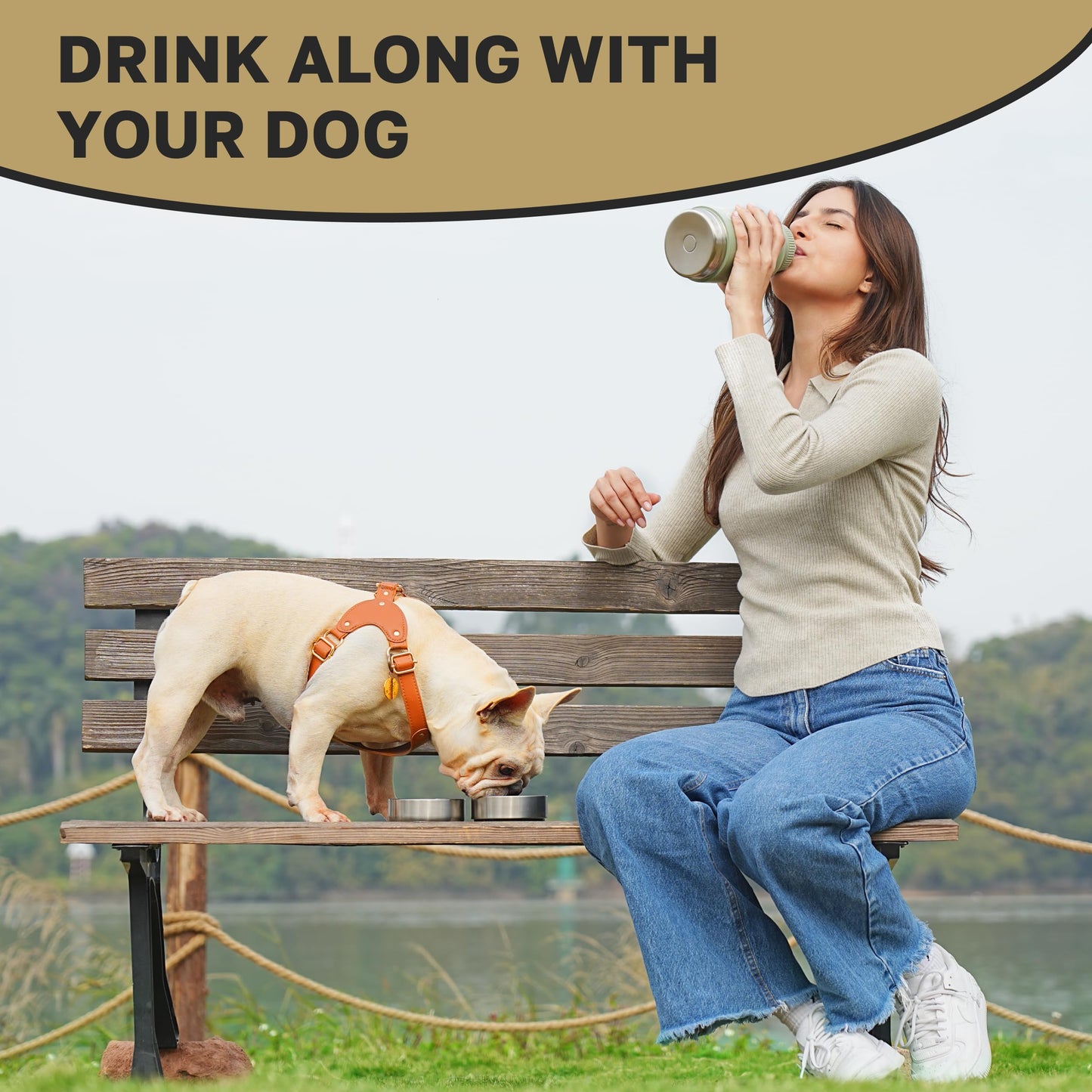 Tail Wagging Love 32oz 3-in-1 Portable Travel Water Bottle, Food & Hydration Bottle - Dual Use for Humans & Pets with Detachable Bowls, Stainless Steel, Keeps Water Hot for 6hrs & Cold for 12hrs