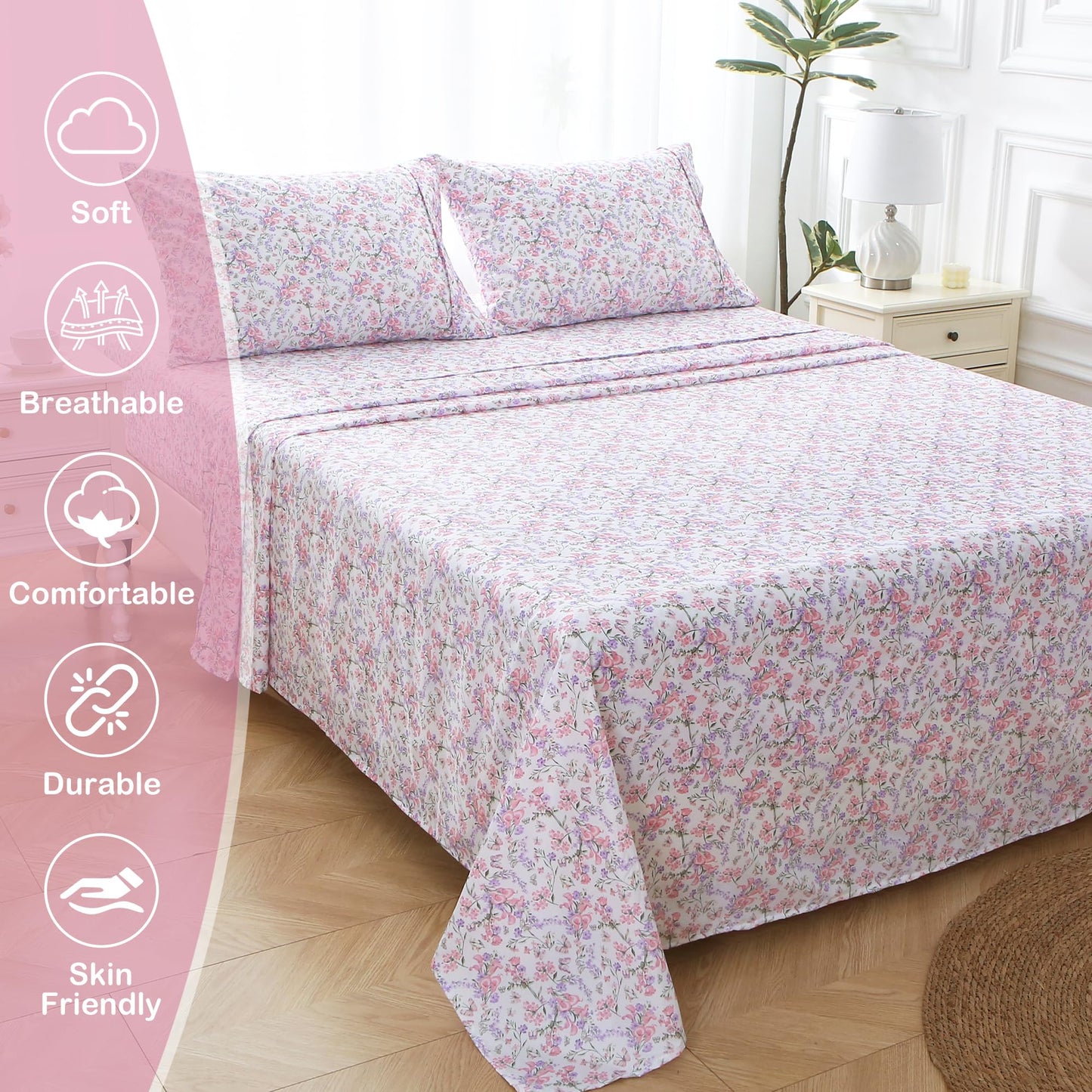 Mooreeke Cozy Vintage Microfiber Printed Full Sheet Set - Soft Breathable Percale Cotton Floral Bed Sheets with Deep Pocket - Non-Slip Fitted Design - Pink Purple Flowers Pattern