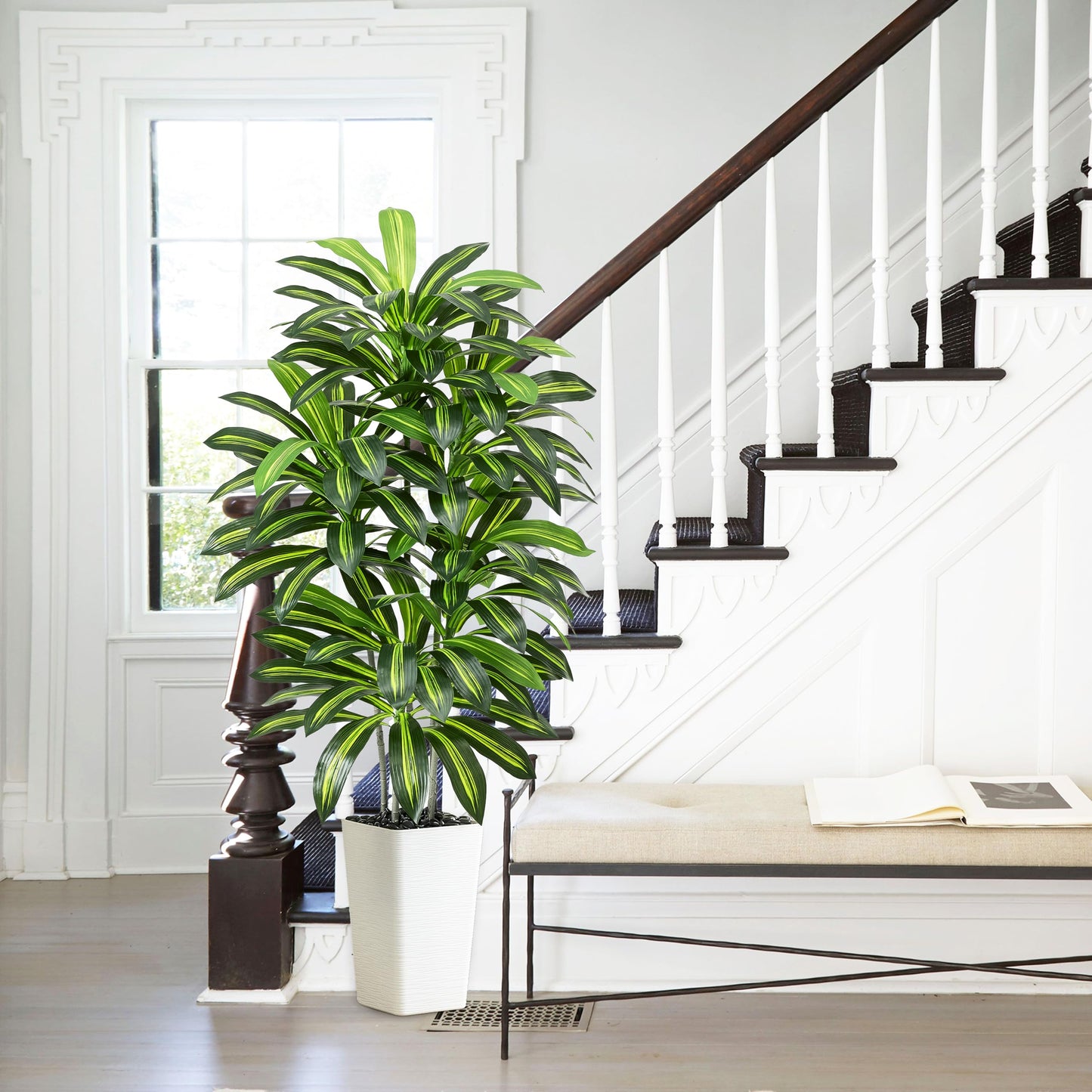 Artificial Dracaena Tree - 5FT Tall Fake Plants with White Tall Planter - Artificial Plants Indoor Floor Plant in Pot - Large Tropical Fake Yucca Potted Tree for Home Office Living Room Decor