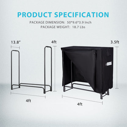 VIVOHOME 4ft Heavy Duty Indoor Outdoor Firewood Storage Log Rack and Cover Combo Set with Zipper and 3ft Heavy Duty Firewood Rack with Zippered Cover, Outdoor Log Holder Storage, Black