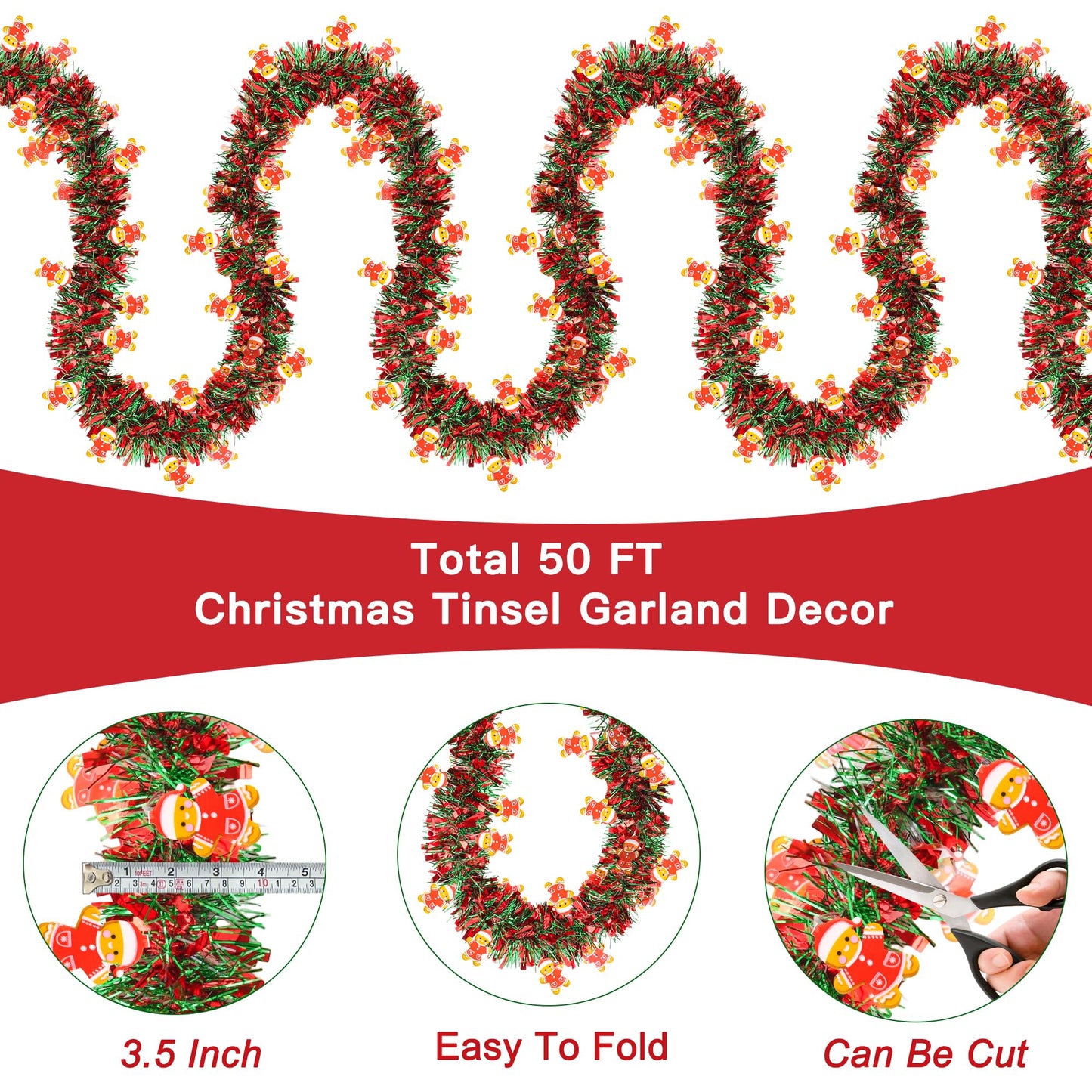50FT Red Green Christmas Tinsel Garland with Gingerbread Man Ornaments, Thick Metallic Twist Xmas Garland for Tree Decorations Fireplace Mantel Home Office Stair Party Indoor Outdoor Holiday Decor