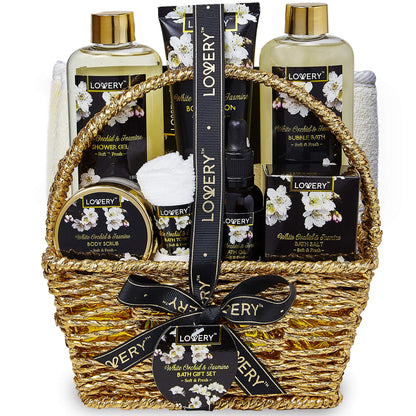 Christmas Gift Baskets for women Mom Christmas Gifts, Bath and Body Spa Set– Orchid & Jasmine Home Spa Set With Body Scrubs, Lotions, Oils, Gels and More - Care Package for Women & Men - 9 Piece Set