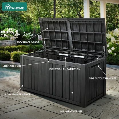 YITAHOME 220 Gallon Large Outdoor Storage XL Deck Box w/Divider for Patio Furniture,Outdoor Cushions, Garden Tools, Sports Equipment and Pool Supplies, Waterproof, Resin, Lockable, Black