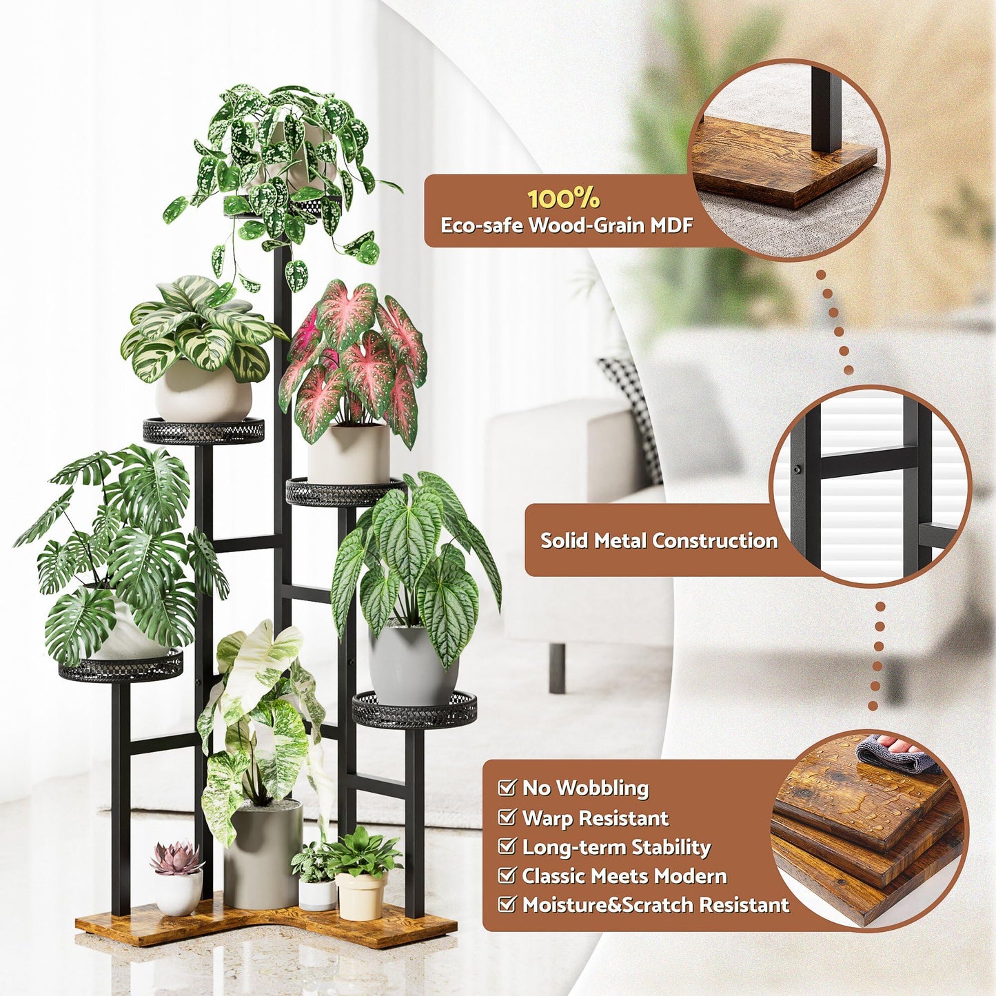 NQW Plant Stand 6 Tier Indoor Outdoor Metal Wood Flower Shelf Corner Flower Holders for Living Room Balcony Garden Patio