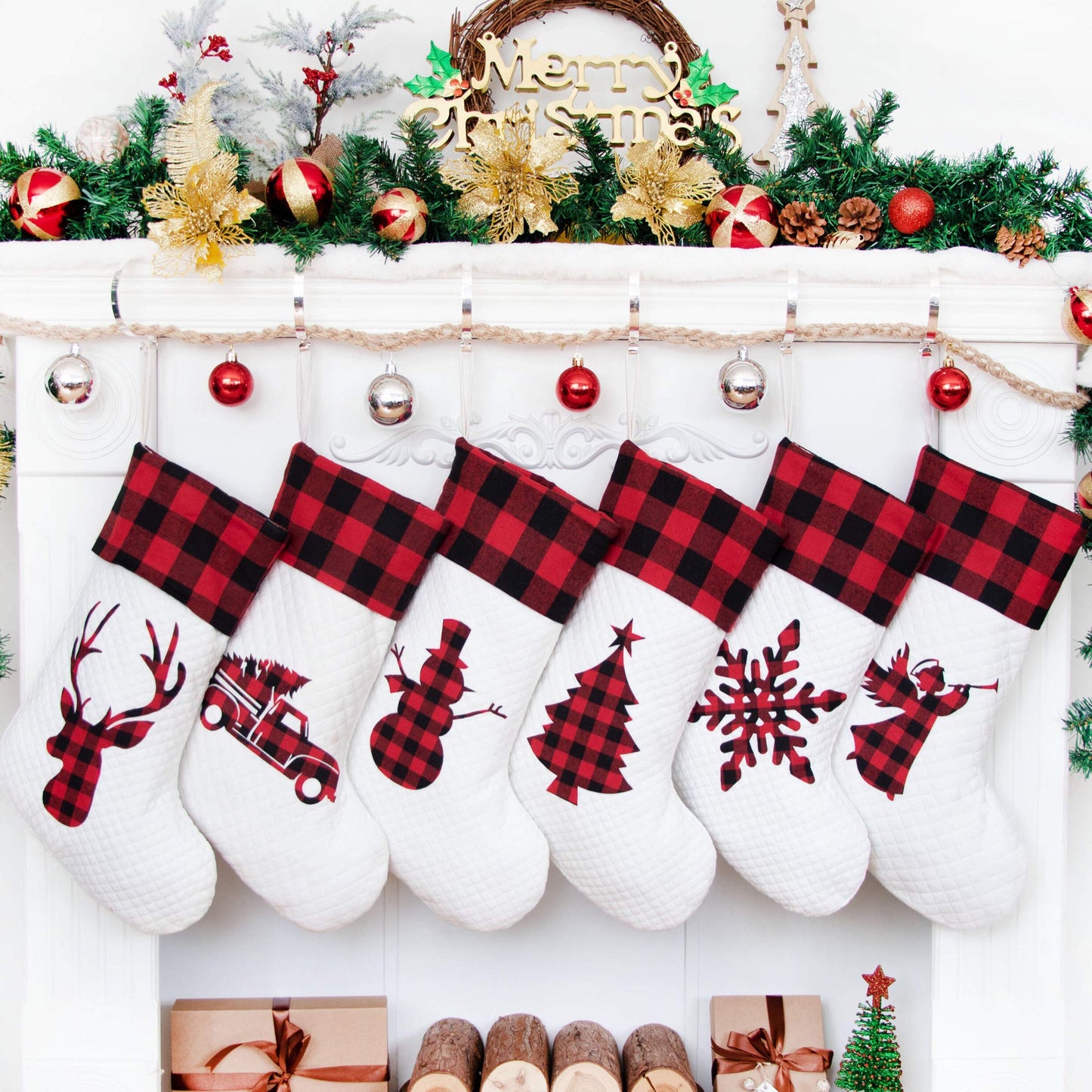 LUBOT Set of 6 Christmas Stocking(20inch) Silhouette Buffalo Red Plaid/Rustic/Farmhouse/Country Cotton Fireplace Hanging Xmas Stockings Decorations for Family Holiday Season Decor
