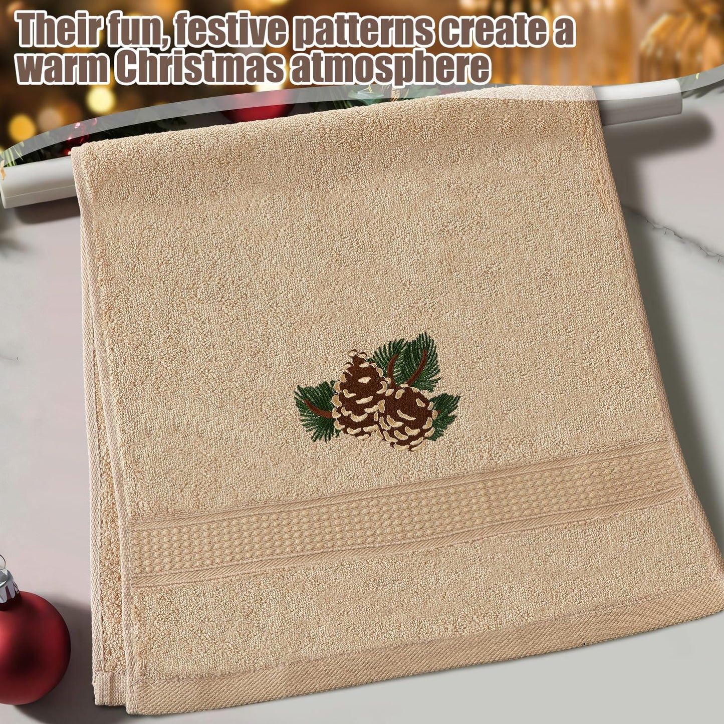 FuWeave 3 Pcs Rustic Pine Cone Hand Towels for Bathroom Christmas Decor, Pinecones Branch Embroidered Decorative Towels for Bathroom Kitchen Holiday Decor, 100% Cotton, 13.3 x 29.5''