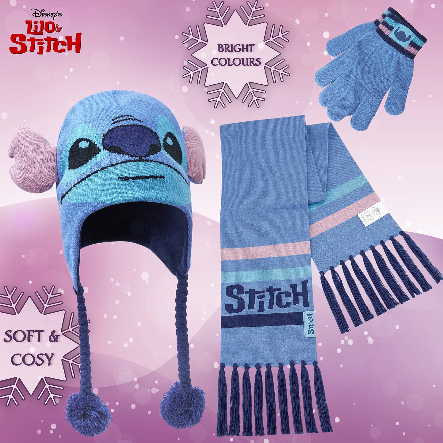 Disney Stitch Girls Beanie Scarf Teenagers Kids Gloves Winter Accessories School Travel Stitch Gifts, Choose from Sets (Blue Stitch 3 Pcs)