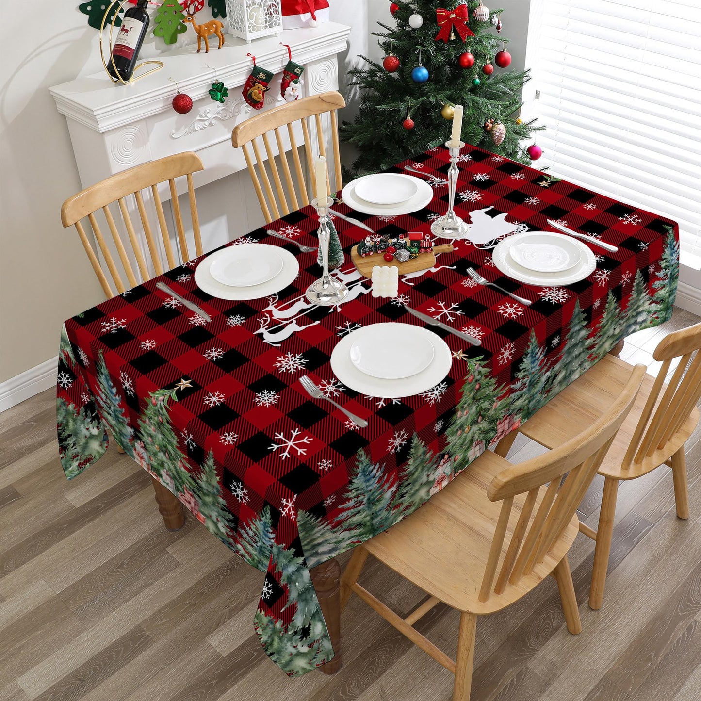 cusugbaso Christmas Tablecloth 60x84 Inches for Rectangle Tables - Christmas Tree Decor for Table - Water Resistant Plaid Xmas Table Cloth, Red Party Decorations for Kitchen, Home