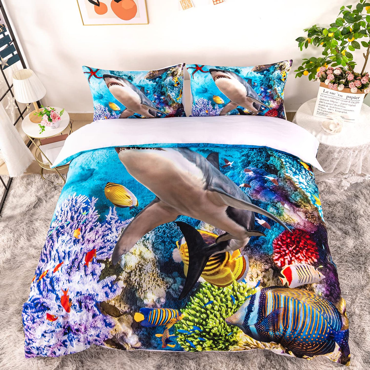 CVHOUSE Shark Duvet Cover King Size,Ocean Sea Animal Bedding Set,Beach Shark Comforter Cover for Boys Kids Teens,1 Duvet Cover 2 Pillowcases 3 Piece