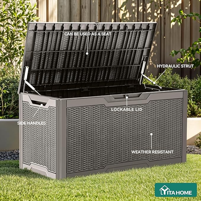 YITAHOME 100 Gallon Resin Deck Box, Weather Resistant Outdoor Storage Box, Lockable Indoor Outdoor Storage for Supplies and Essentials, Taupe