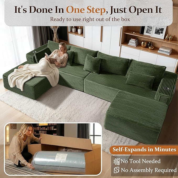 138" Cloud Sectional Couch, Comfort U Shaped Boneless Couch
