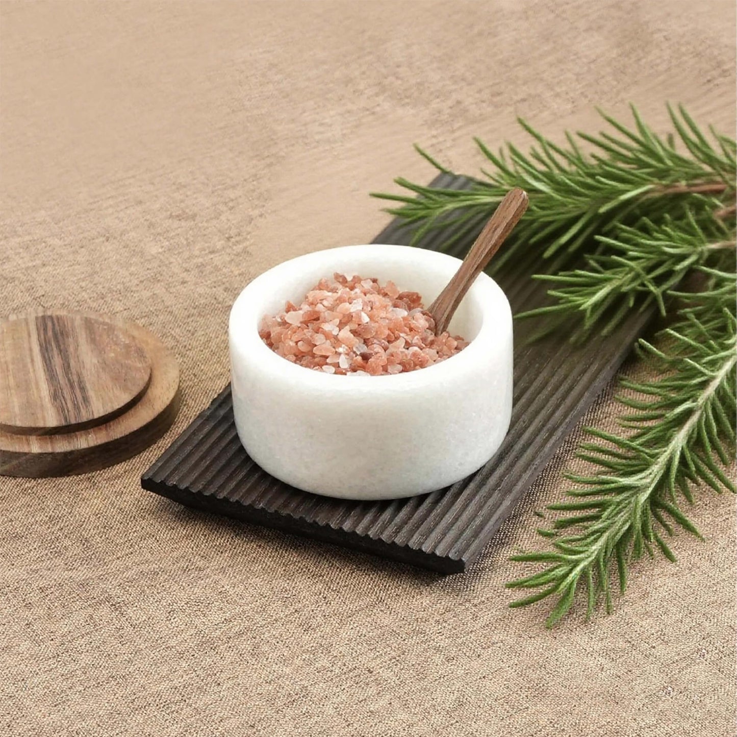 seicasaya Marble Salt Cellar with Acacia Wood Lid and Spoon – 4-inch Salt Box with Spoon Slot, Kitchen Spice Container for Salt, Sugar, or Spices (White)