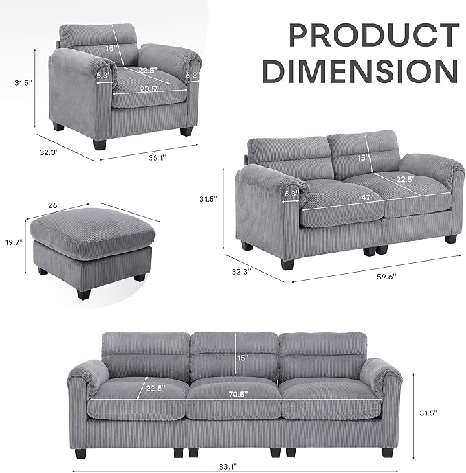 HAOMARKETS Corduroy Sofa Set, Two Upholstered Loveseat, and 3-Seater Couch