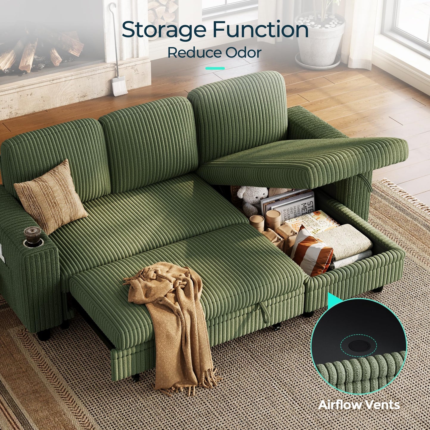 LINSY HOME Pull Out Sleeper Sofa Sectional Couches for Living Room, L Shaped Plush Corduroy Couch with Storage&USB Charging, Convertible Cloud Sectional Sofa Bed for Apartment, Green