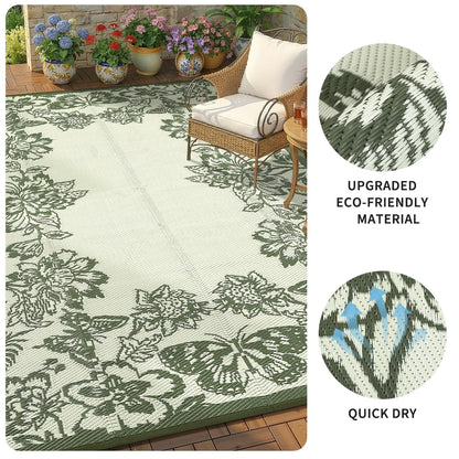 Garvee Outdoor Rugs 9' x 18’ Waterproof Reversible Mats, Large Area Plastic Straw Rug, Outside Carpet, Butterfly Floral Rv Mat for Patio Camping Picnic Backyard Deck Balcony Porch Beach Trailer