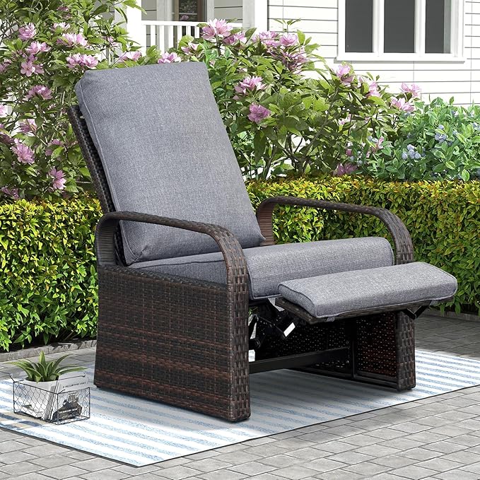 ATR ART TO REAL Outdoor Wicker Recliner Chair with 5.5'' Cushions, Automatic Adjustable Patio Chaise Lounge Chairs, Aluminum Frame Reclining Chair, UV Resistant, Rustless (Grey)