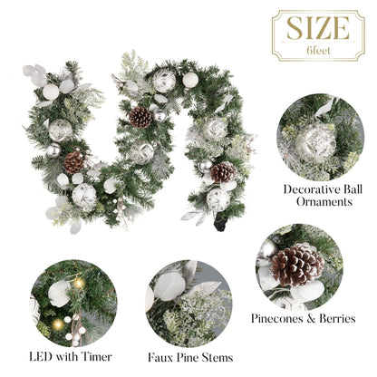 Valery Madelyn 6 Feet Pre-Lit Christmas Garland with Lights for Mantle, Lighted Outdoor Xmas Garland with Snowy White Ball Pinecones for Home Stairs Fireplace Table Centerpiece Indoor Holiday Decor