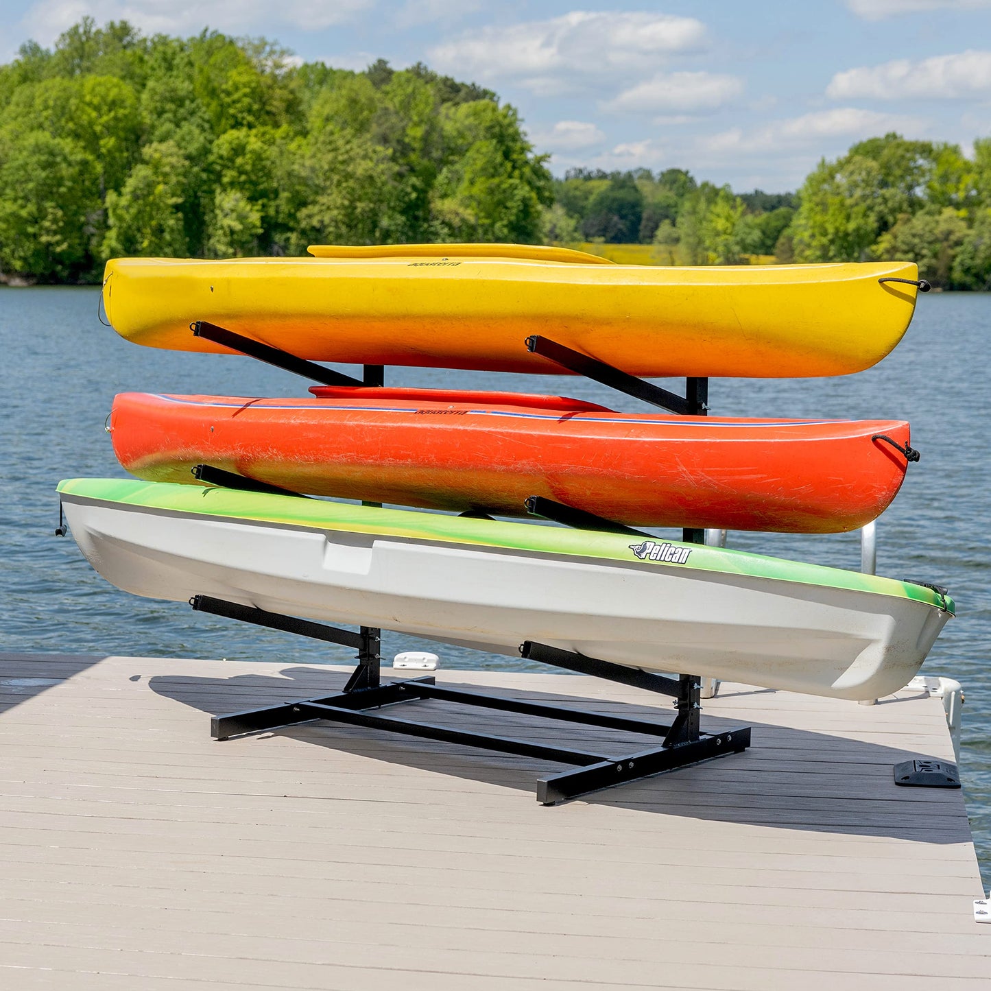 Teal Triangle Freestanding Kayak Storage Rack – 3 Kayak Rack & Canoe Rack – Indoor Outdoor Kayak – Adjustable Surfboard & Stand Up Paddle Board Holder – Adjustable Storage Stand - Black