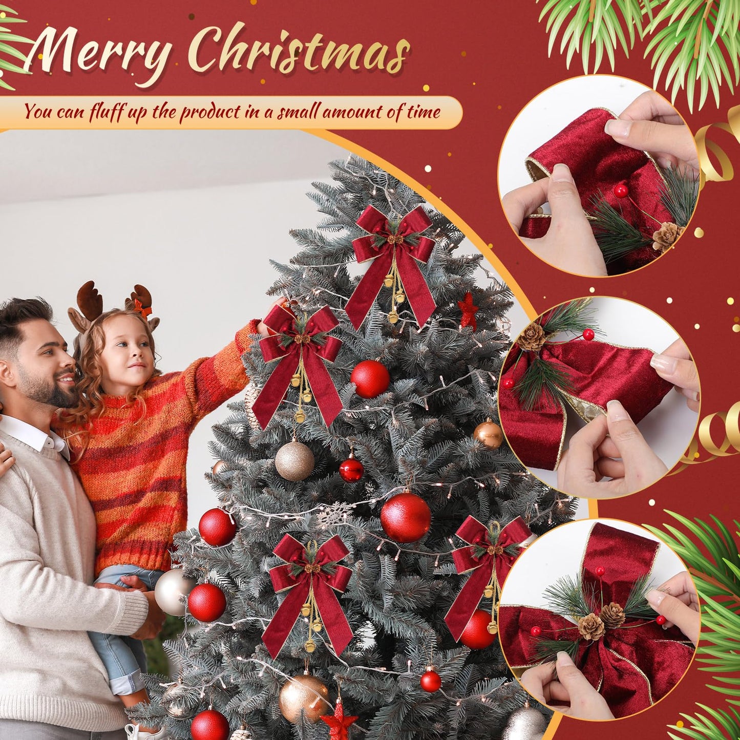 Yinkin Christmas Tree Wreath Bow Christmas Ribbon Bows with Bells 11 x 7.8 in Velvet Pine Cone Bowknot Xmas Tree Hanging Ornaments Decor for Home Xmas Party Outdoor Indoor(Burgundy,4 Pcs)