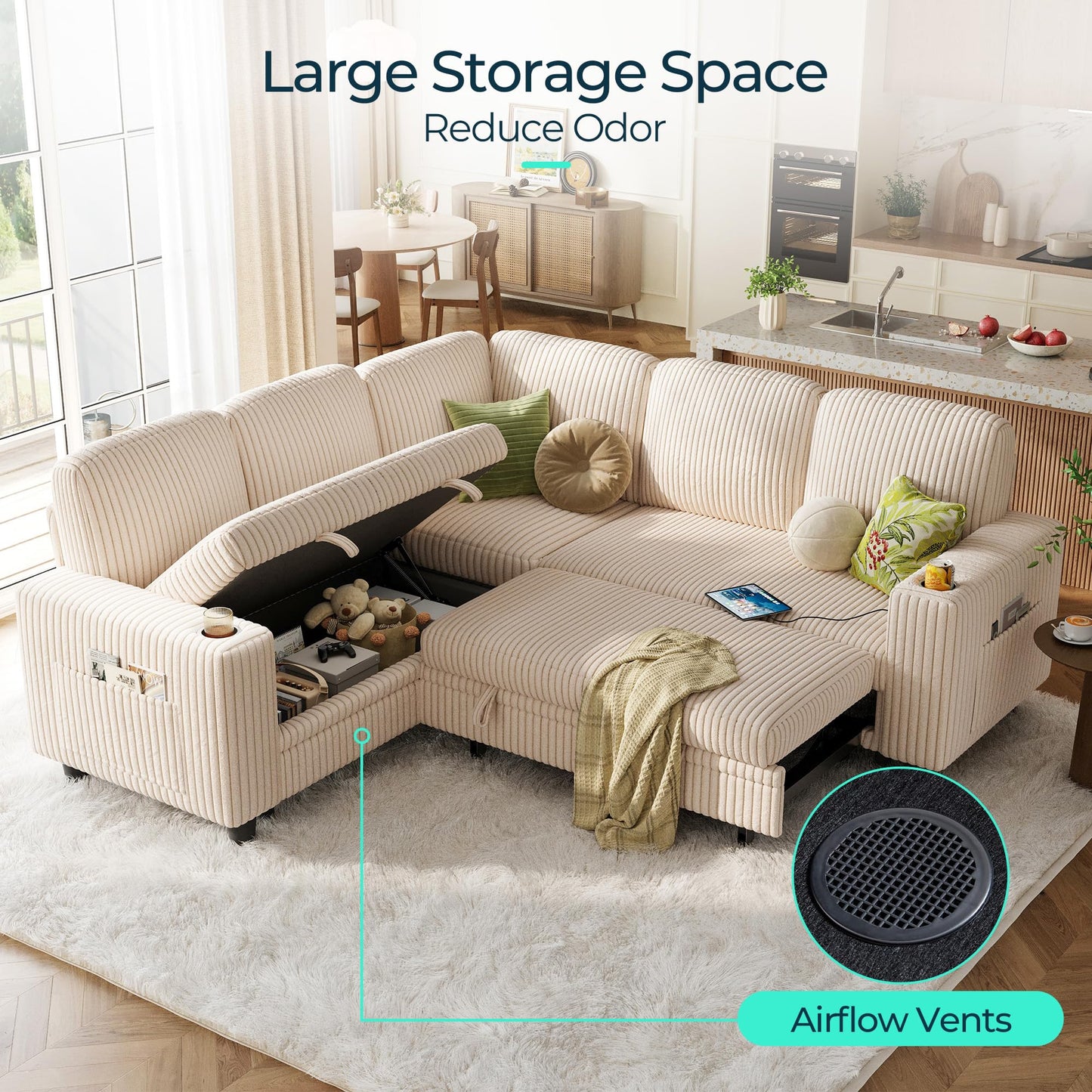 LINSY HOME Sectional Sofa with Pull Out Bed, 5 Seats Corduroy Reversible Sleeper Sofa with Storage Seats, USB Ports, Cup Holders, Side Pocket, Sectional Couches for Living Room