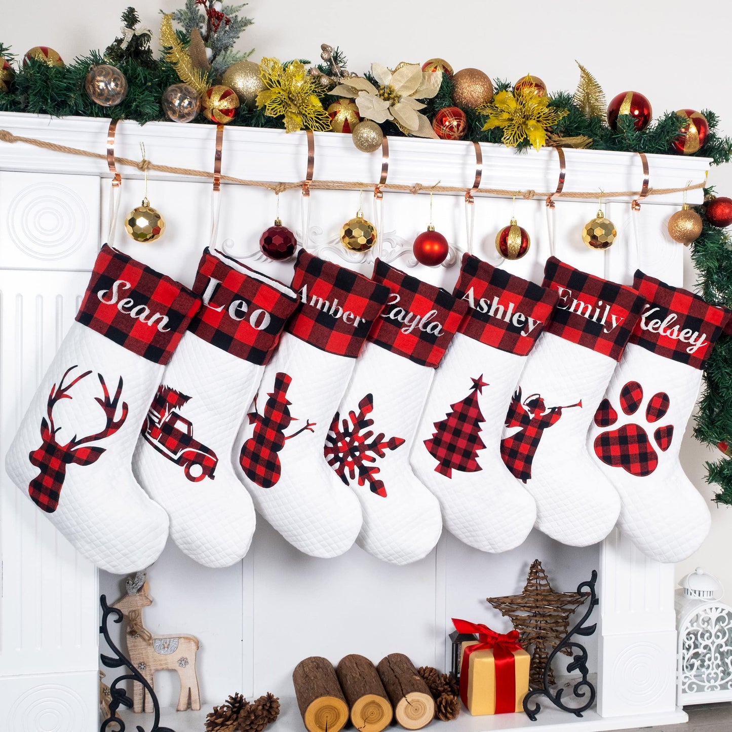 LUBOT Pack Personalized Christmas Stocking(20inch) Silhouette Buffalo Red Plaid/Rustic/Farmhouse/Country Fireplace Hanging Xmas Stockings Decorations for Family Holiday Season