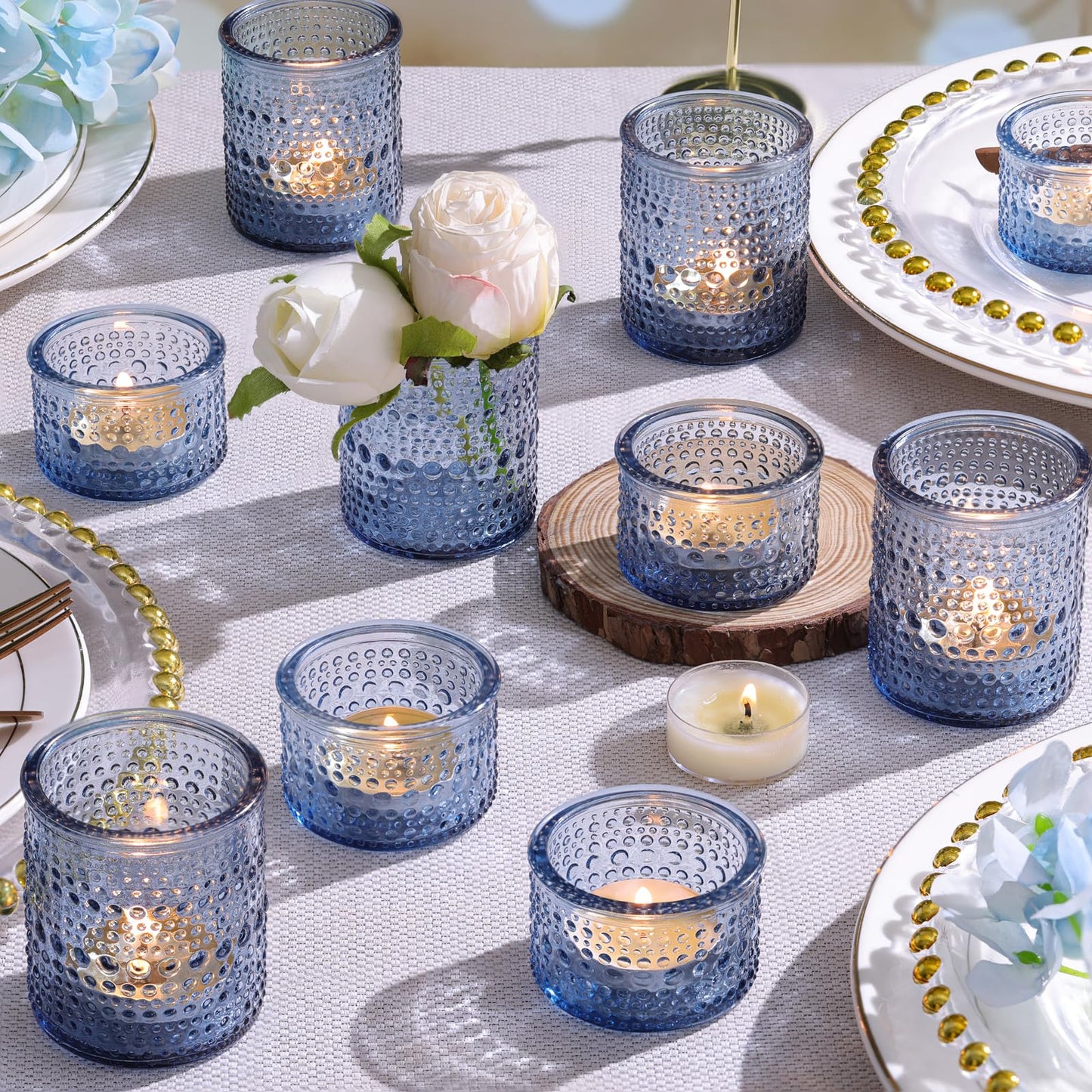 30 Pcs Blue Votive Candle Holders – Glass Candle Holders Bulk for Wedding Table Centerpiece, Something Blue Bridal Shower, Baby Shower, Summer & Everyday Home Decor