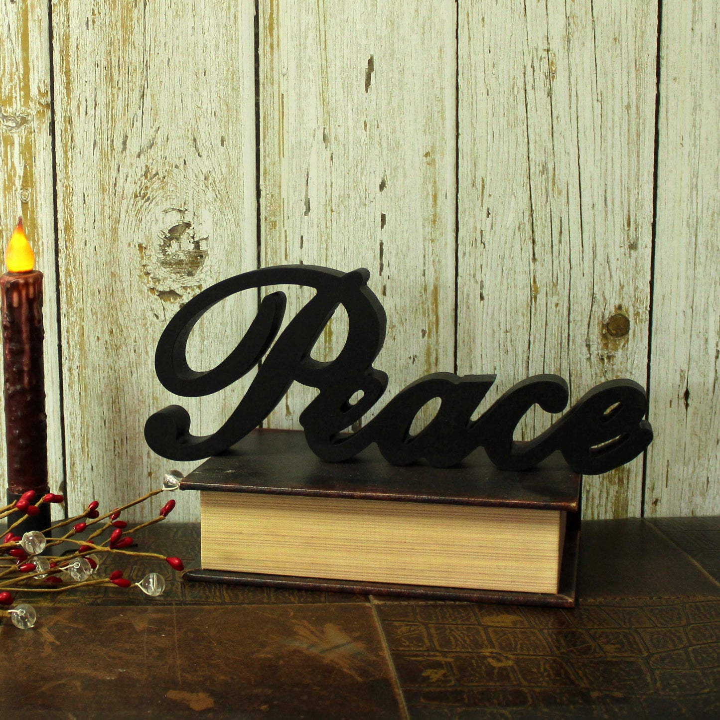 CVHOMEDECO. Matt Black Wooden Words Sign Free Standing Peace Desk/Table/Shelf/Home Wall/Office Decoration Art, 11 x 4-1/4 x 1 Inch