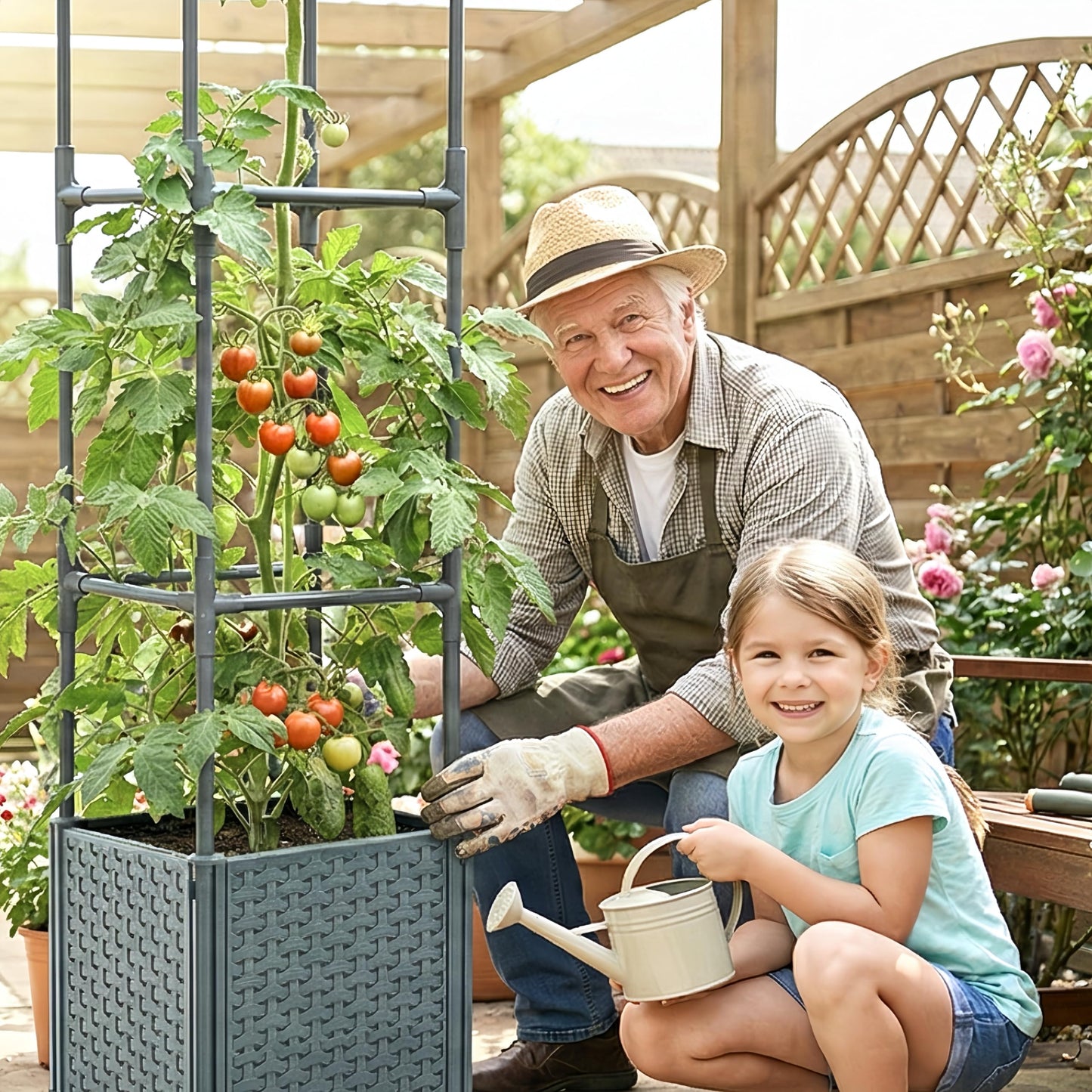 KOBAZ Raised Garden Bed Tomato Planter Box with Trellis, 41.3" Tomato Planters Cage w/Self-Watering for Climbing Plants Vegetables, Patio Indoor Outdoor