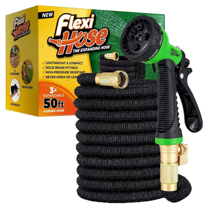 Flexi Hose Expandable Garden Hose - 50FT Heavy Duty Water Hose, Retractable Hose with 2cm Brass Fittings - Expandable Hose Design Includes Spray Nozzle (Black 15 Metres)