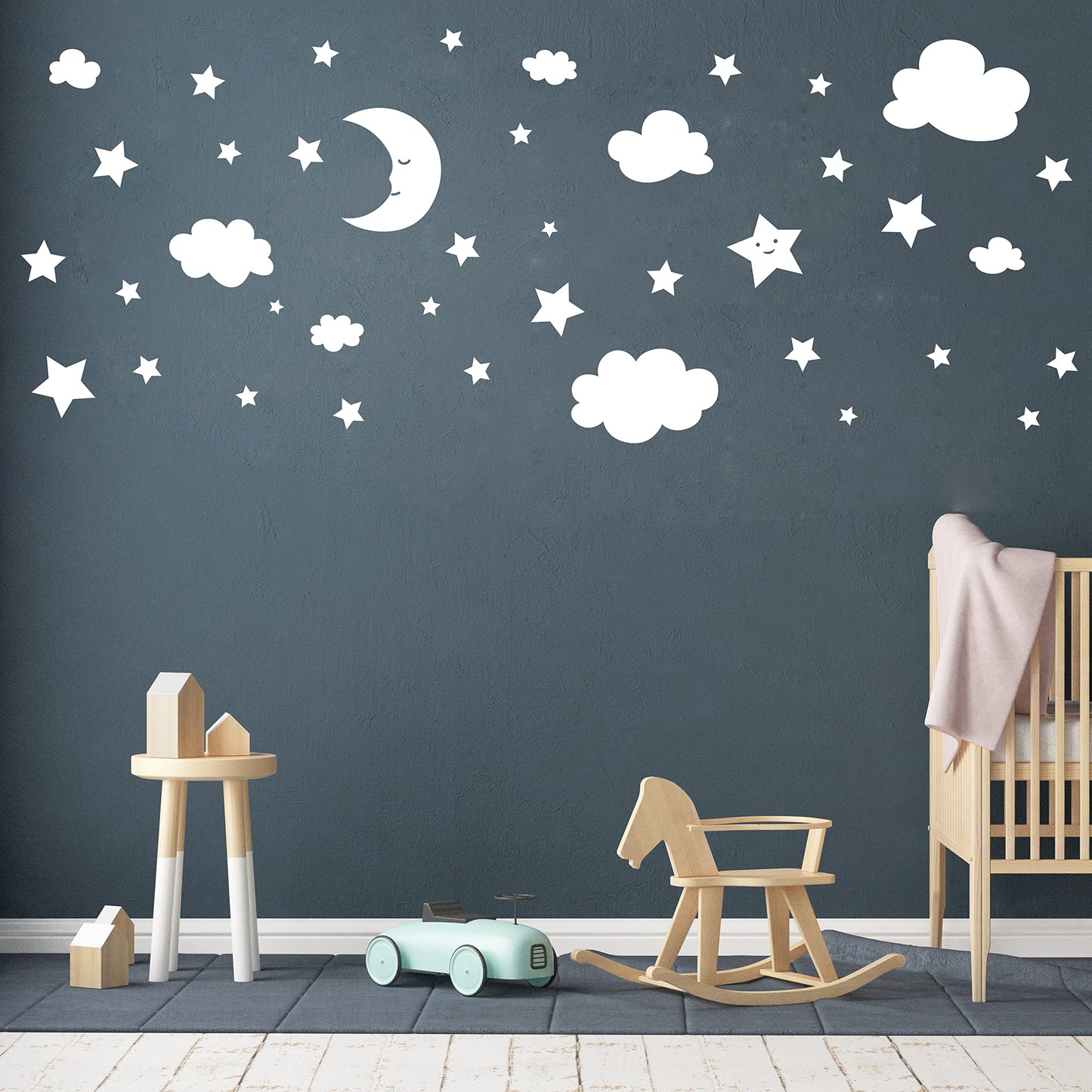 Crescent Moon Stars and Clouds Wall Decals Moon and Stars Nursery Wall Stickers Starry Sky Playroom Decor Kids Rooms Mural Kids Room Wall Art Y59 (White)