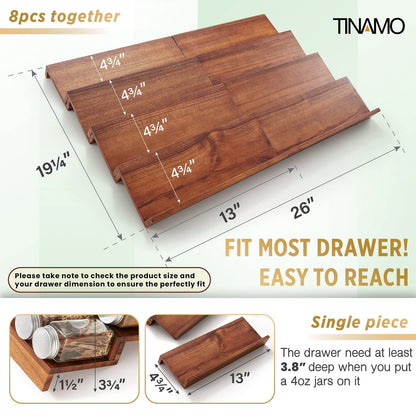Tinamo Wood Spice Drawer Organizer - Acacia Wooden Tray Spice Racks Organizer for Cabinet Storage Shelf - 4 Tier Spice Rack for Drawer 32 Jars (Pack 4)