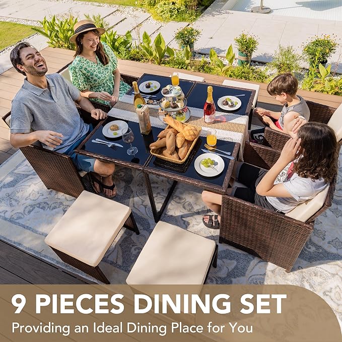 Devoko 9 Pieces Patio Dining Sets Outdoor Space Saving Rattan Chairs