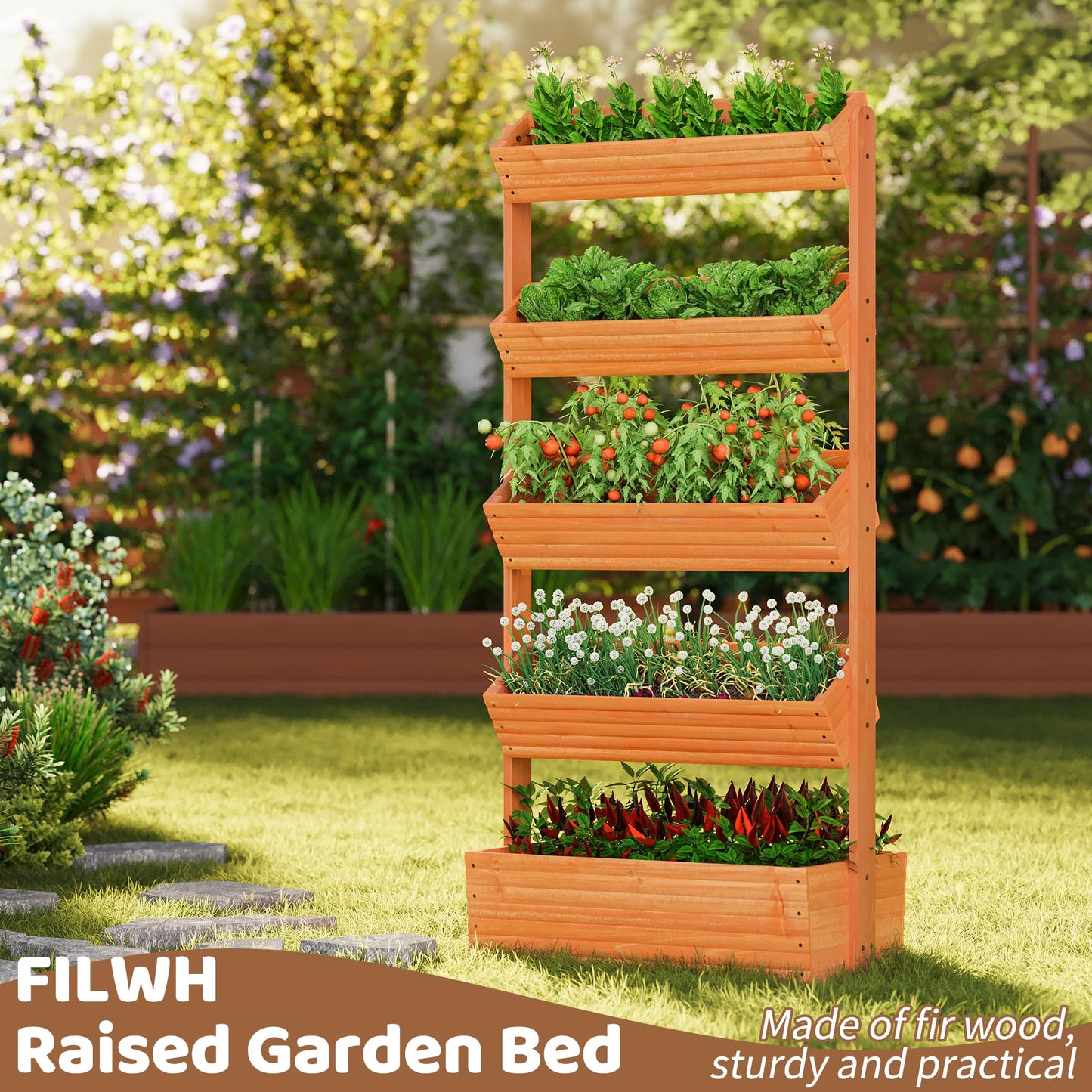 FILWH Wooden Raised Garden Bed Vertical Planter Box, Freestanding Plant Stand for Indoor Outdoor Plants, Herbs, Flowers, Vegetables, Gardening (Reddish Brown, 5-Tier，29.9 x 17.9 x 68in)