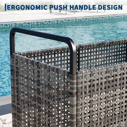 GarveeLife Heavy Duty Poolside Rattan Storage Bin Organizer, Outdoor Rolling Cart with Wheels & 2 Handles, Mesh Ventilated Pool Float Storage Rack for Noodles, Toys, Floats, Balls, Equipment, Brown