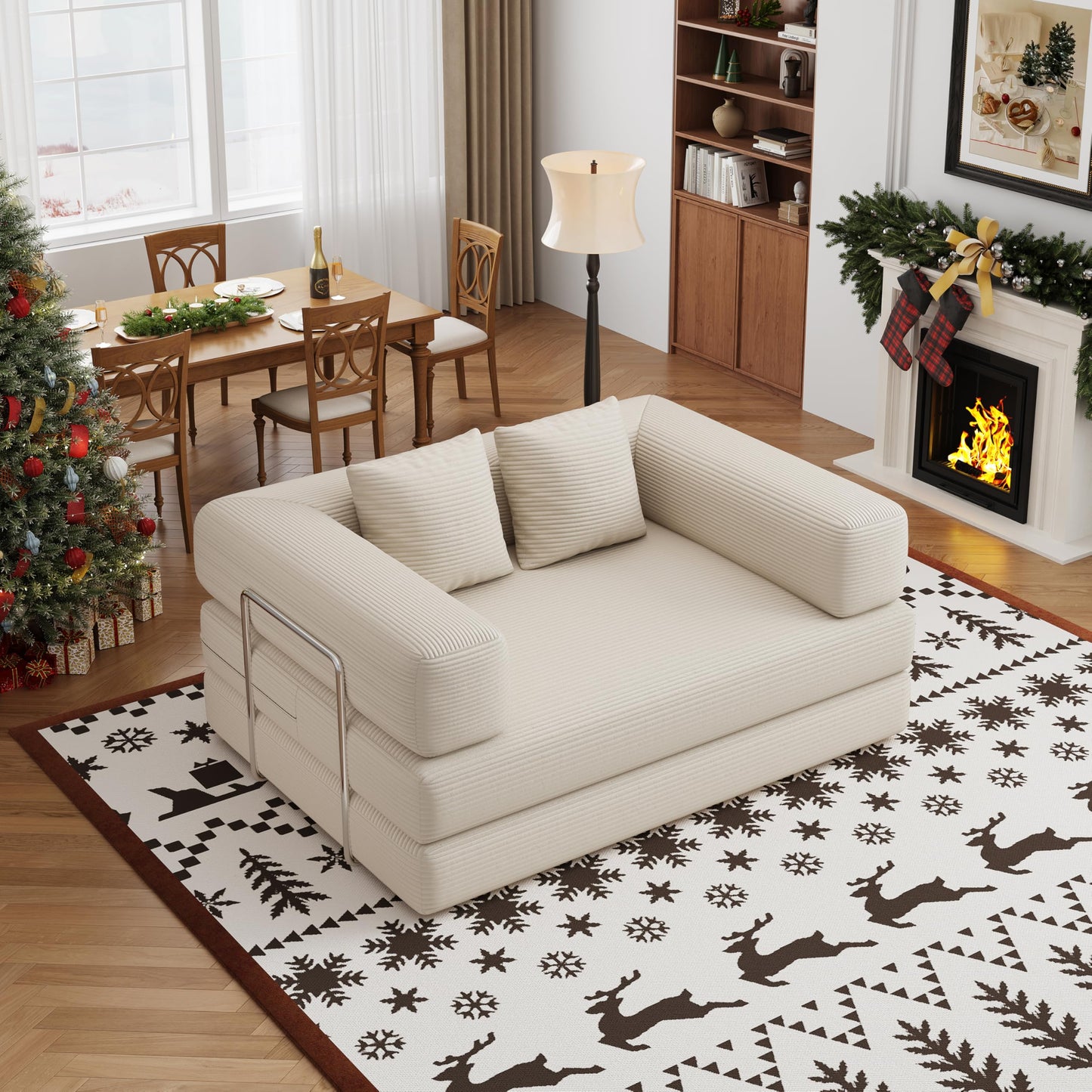 4 in 1 Convertible Sofas Boneless Couches with 2 Pillow, Modern Corduroy Futon Bed, Modular Queen Sofa with Pull-Out Bed, LoveSeat for Living Room, Small Space Apartment (Beige, 53.15"Double Sofa)