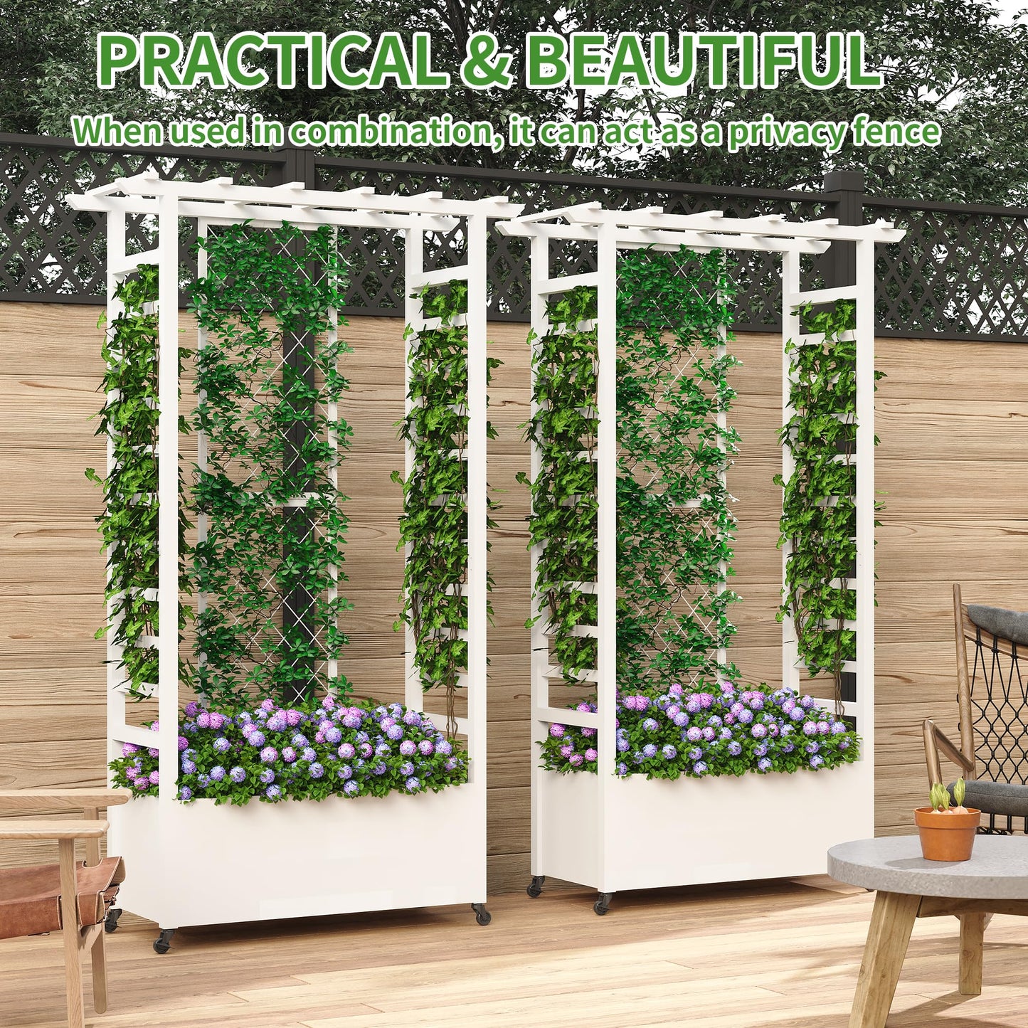 Sunnibety Raised Garden Bed with Trellis & Hanging Roof, Weatherproof Metal Planter Box with Wheels, Garden Arch Trellis for Outdoor Climbing Plants Vines Flowers, 74" H x 44" L x 17" W, White