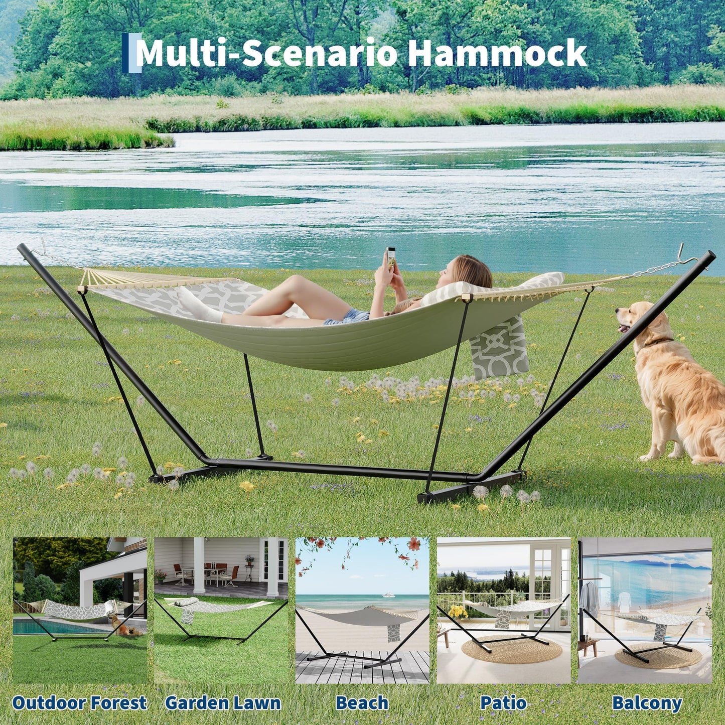 Double Hammock with Stand - Heavy Duty Portable 2 Person Design with Adjustable Steel Stand, Max 450LBS, Ideal for Outdoor Patio, Garden, Beach & Backyard