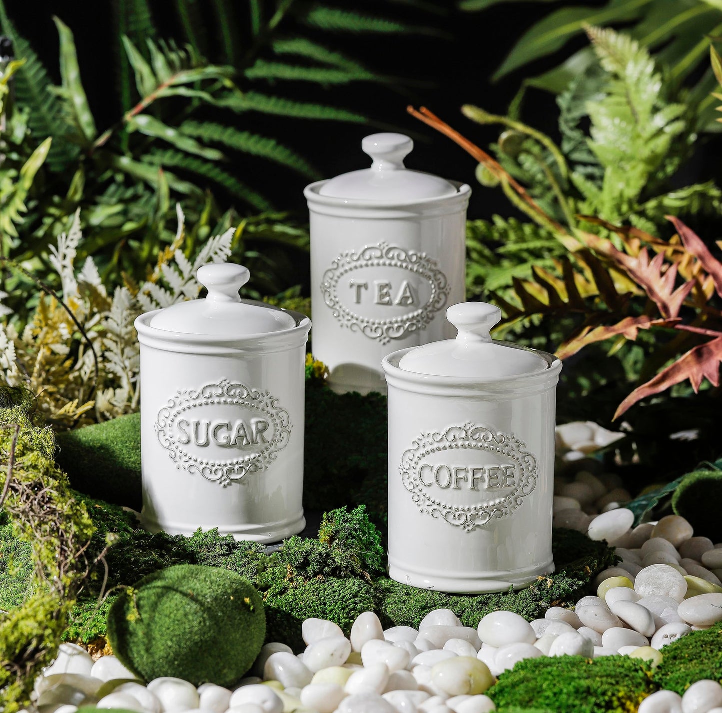 TAWCHES Relief Vine Ceramic Canisters Sets For The Kitchen For Countertop Set of 3 Airtight Coffee Canisters For Ground Coffee Sugar Container Storage Jars With Lids Farmhouse Decor Tea caddies