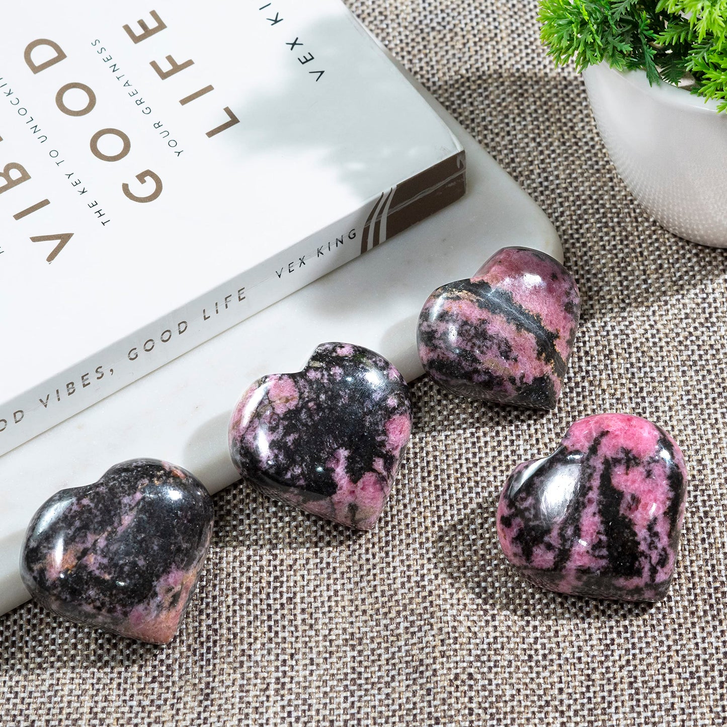 Crocon 50mm Rhodonite Heart stone Big Heart Shape Puff Stones Set 450+ Carats Pocket Crystal Healing Tumble Collection Palm Worry Stone Good Luck Charm Meditation Gift Craft Home Decor