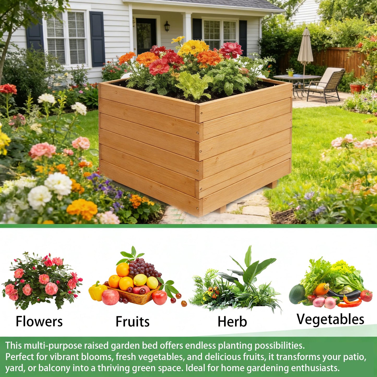 ScienGarden 15.75" Square Wooden Planter Box, 12.6" H Raised Garden Box, Fir Wood Outdoor Planter with 2 Drainage Holes, Reinforced Bottom Supports, Mortise & Tenon Corners, Water-Based Paint Finish