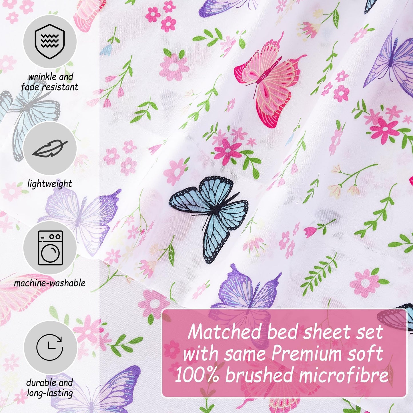 Softan Kids Bed Sheet Set, 4-Piece Full Size Sheets, Microfiber Fitted Sheet with Corner Straps, Breathable & Silky Soft Butterfly Flower Printed Sheet and Pillowcase Sets