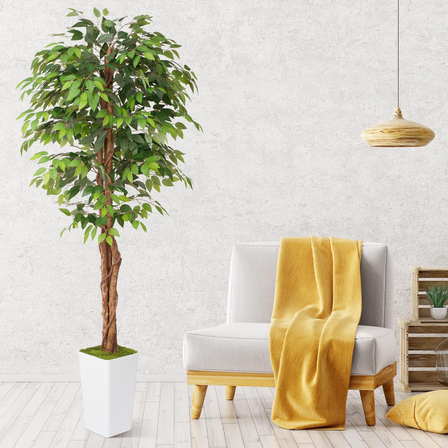 Waoops Artificial 7Ft Ficus Silk Tree with Tall Planter - Faux Plants Indoor with Natural Wood Trunk - Large Tall Fake Plants for Home Office Living Room Patio Decor