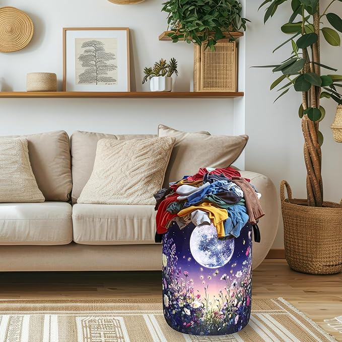 Moon Laundry Basket Oxford Cloth Night Sky Colorful Floral Butterfly Laundry