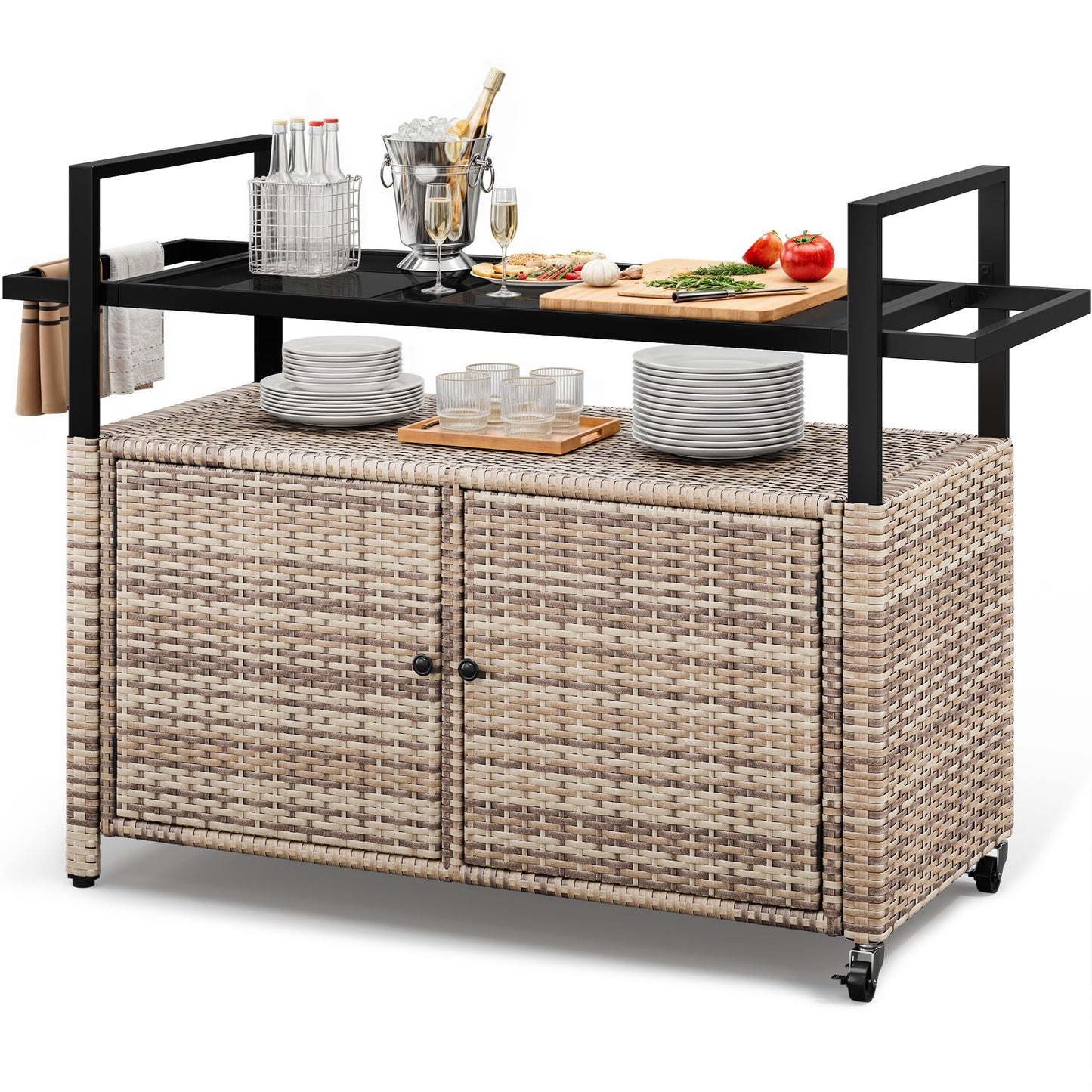 YITAHOME XL Outdoor Storage Cabinet, Outdoor Storage Cart with Wheels and Black Glass Table Top for Patio, Outdoor Cabinet for Poolside and Backyard (Light Brown)