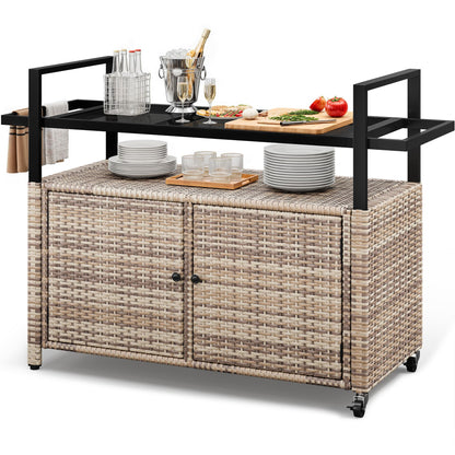 YITAHOME XL Outdoor Storage Cabinet, Outdoor Storage Cart with Wheels and Black Glass Table Top for Patio, Outdoor Cabinet for Poolside and Backyard (Light Brown)