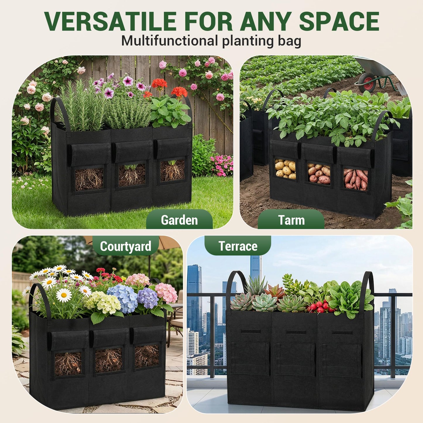 Chonway 24 Gallon 2 Pack Potato Grow Bags with Visible Harvest Window & Handles, 3-Compartment Nonwoven Fabric Planters Grow Bags for Potatoes, Potato Planter for Growing Tomato, Vegetables, Flower